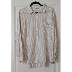 LOFT Outlet Women's Large Linen Viscose Beige White Striped Button Front Shirt